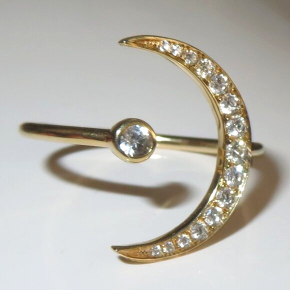 Half Moon Crescent Diamond White Sapphire 14K Yellow Gold Ring Ring - Picture 7 of 17
